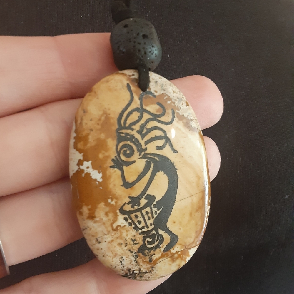 AWESOME- Picture Jasper/ Black Lava Stone/ Faux Black Suede Cord Necklace.